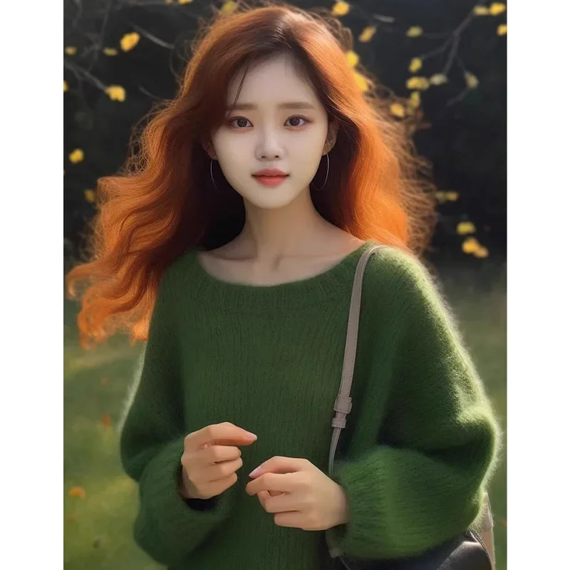 ملابس نسائية سترات سميكة صلبة بسيطة للخريف والشتاء سترة كلاسيكية فضفاضة برقبة دائرية بلوفرات دافئة مريحة