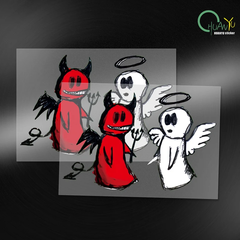 Hollow car stickers with angel and demon hand drawn style cartoon car motorcycle electric vehicle waterproof stickers