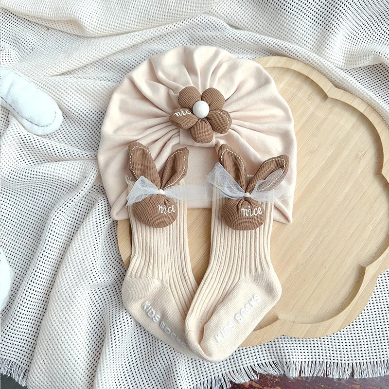 0-12 Monate Baby Neugeborenen Turban Kappe Socken Set Nette Blume Prinzessin Mädchen Indische Kappen Cartoon Kaninchen Ohren Baumwolle socken Kinder Sokken