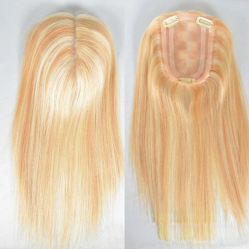 Real Human Hair Wig Women Hair Topper Clip In Hairpiece Silk Lace Base Breathable Hair Closure Natural Blonde Hair Extensions