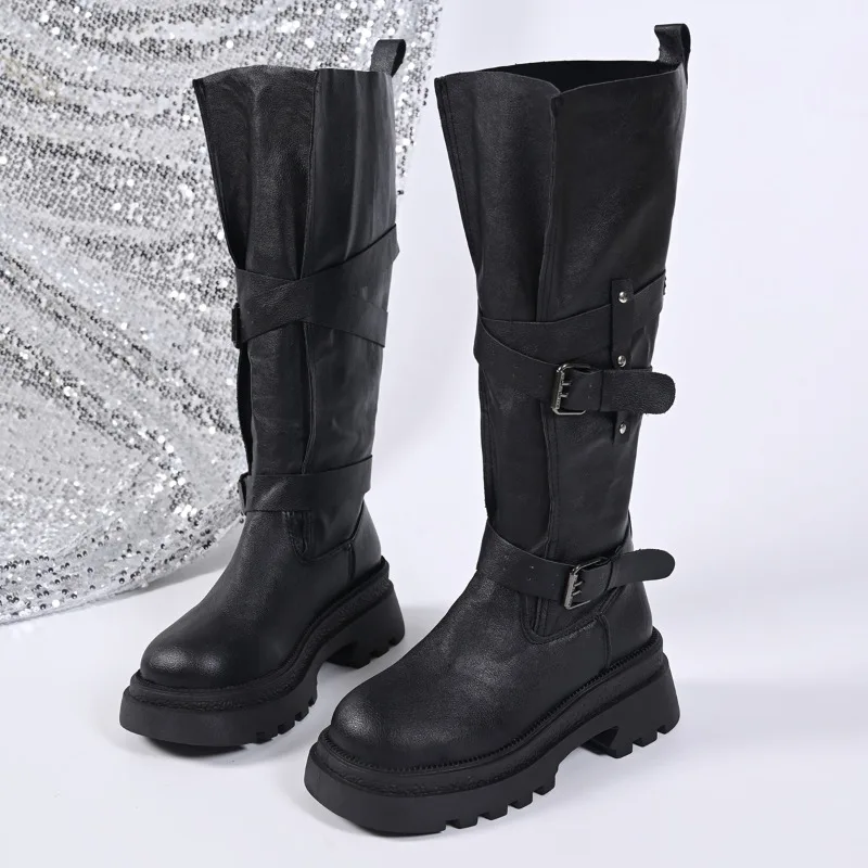 منصة فارس الأحذية خريف 2025 جديد جولة تو طويل القامة مشبك الدانتيل متابعة كتلة كعب أحذية رعاة البقر الغربية #4