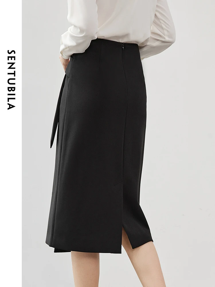 SENTUBILA Women Black Irregular Split Knit Skirt Officel Lady 2024 Autumn High Waist Slit Midi Skirt Female Clothing 143Q56643