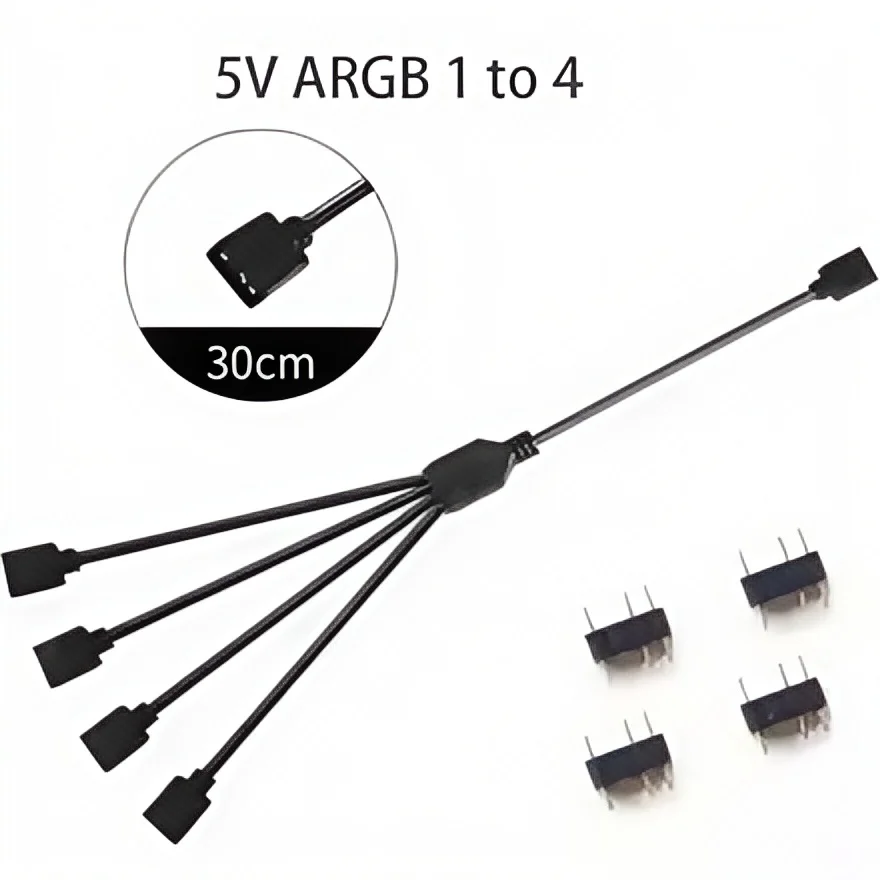 ARGB Fan Splitter Cable - 1 to 4 Port 5V 3-Pin Motherboard Sync Hub, 30cm Extension for PC Case Fans and LED Strips