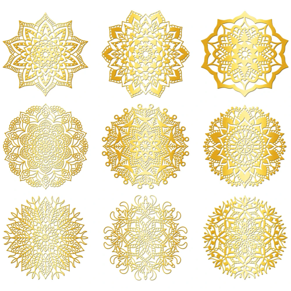 9Pcs Golden Self Adhesive Stickers 4cmx4cm Flower Metal Decal Mandala Waterproof Decorate Sticker for Scrapbooks Resin Crafts