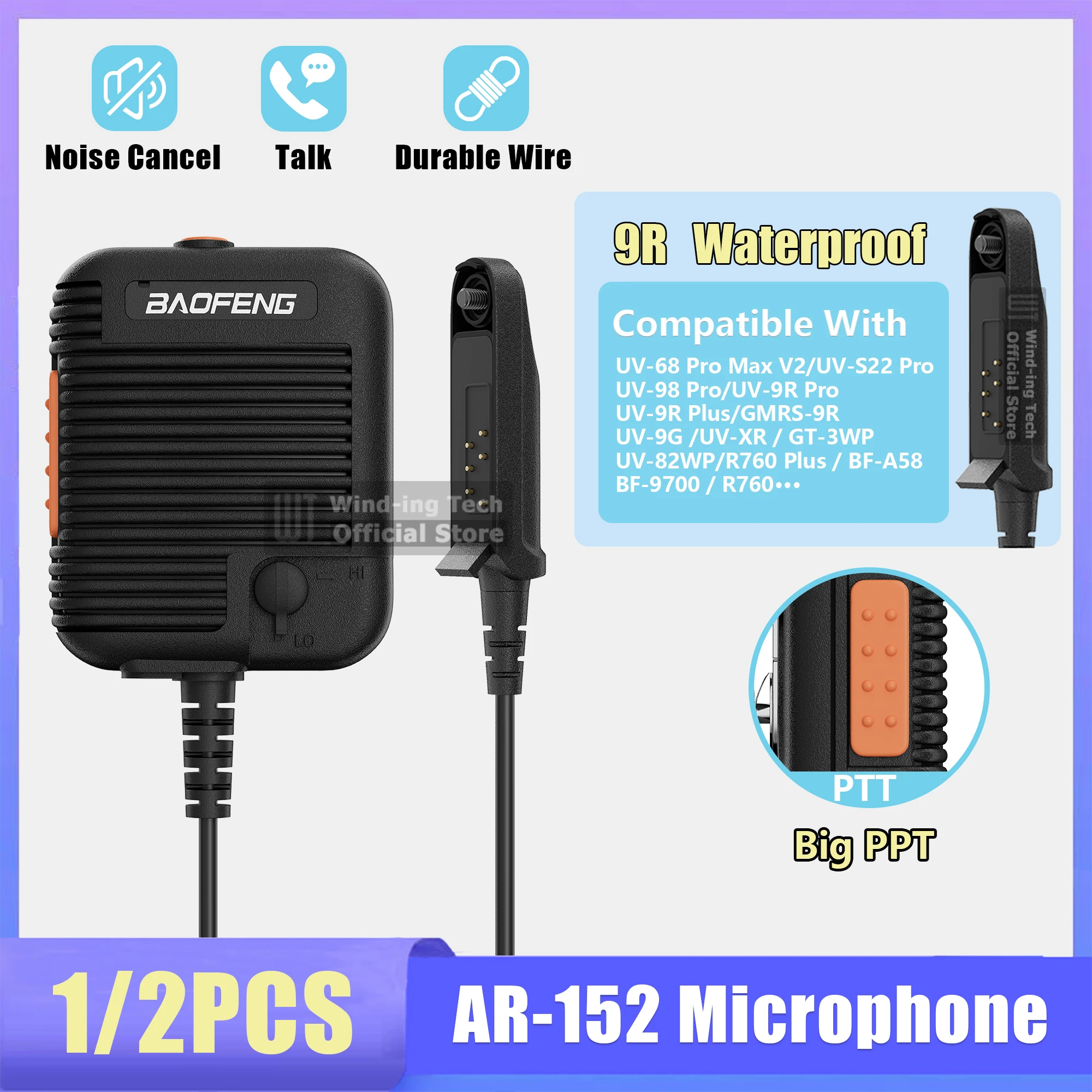 

1/2PCS Baofeng AR-152 Microphone UV-9R Shoulder Speaker Mic Waterproof Type With 3.5MM Jack For UV-68 Pro Max V2 Walkie Talkie