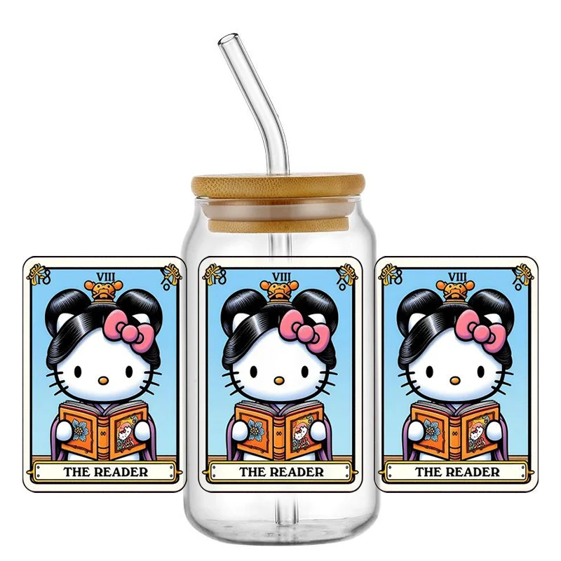 Miniso New Design Hello Kitty Tarot Kawaii For Libbey 16oz Can Glass Mug 3D Waterproof UV DTF Coffee Can Wrap Libbey Glass Wrap