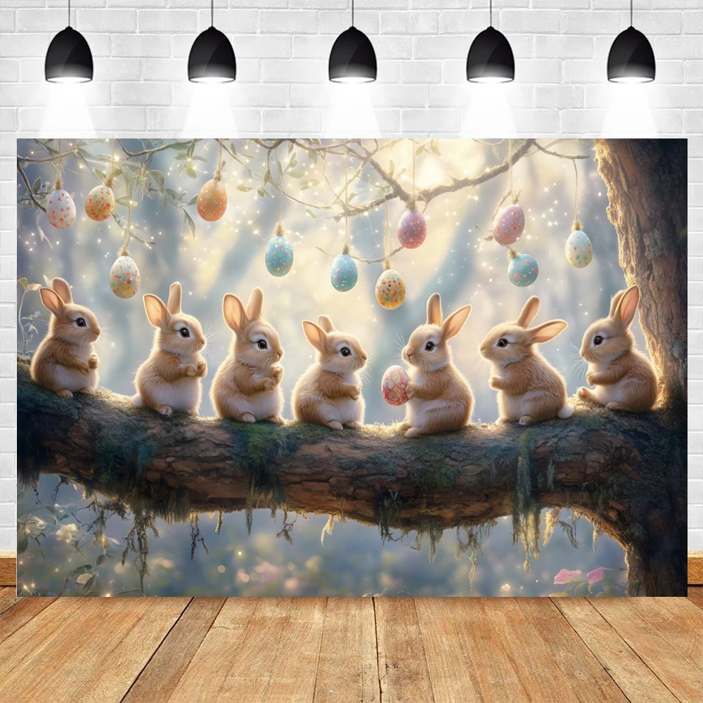 Spring Easter Photography Backdrop Cute Rabbit Colorful Eggs Flower Bunny Forest Kids Portrait Easter Background Photo Studio