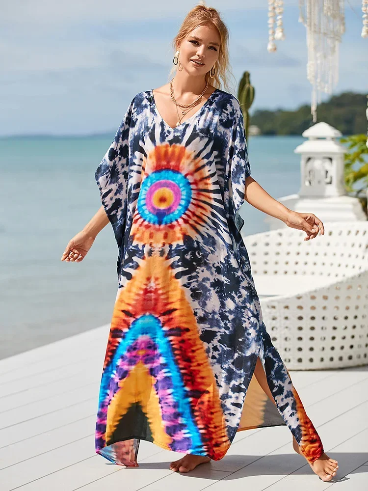 Nuevo traje de baño para mujer, bata con contraste de Color estampado con cuello en V de talla grande, Vestido largo de playa, moda de verano 2025, cubierta para playa