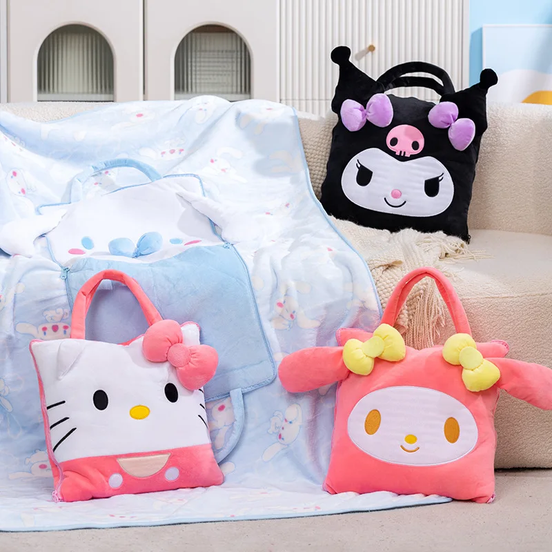 

Anime Hello Kitty Cinnamoroll My Melody Kuromi Coral Velvet Portable Pillow Blanket Bag Kawaii Thickened Car Cover Blanket Gift