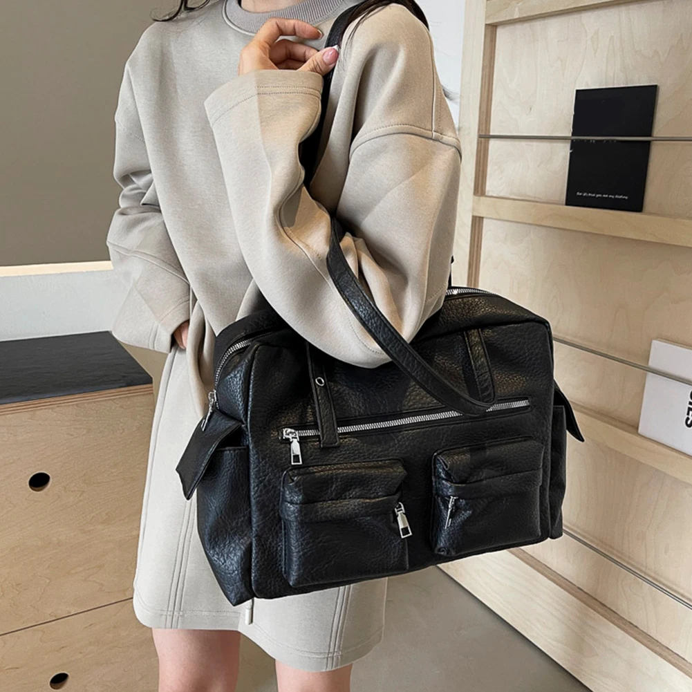 2024 Women PU Leather Shoulder Bag Multi-Pockets Underarm Bag Solid Versatile Commuting Handbag Adjustable Strap Armpit Tote Bag