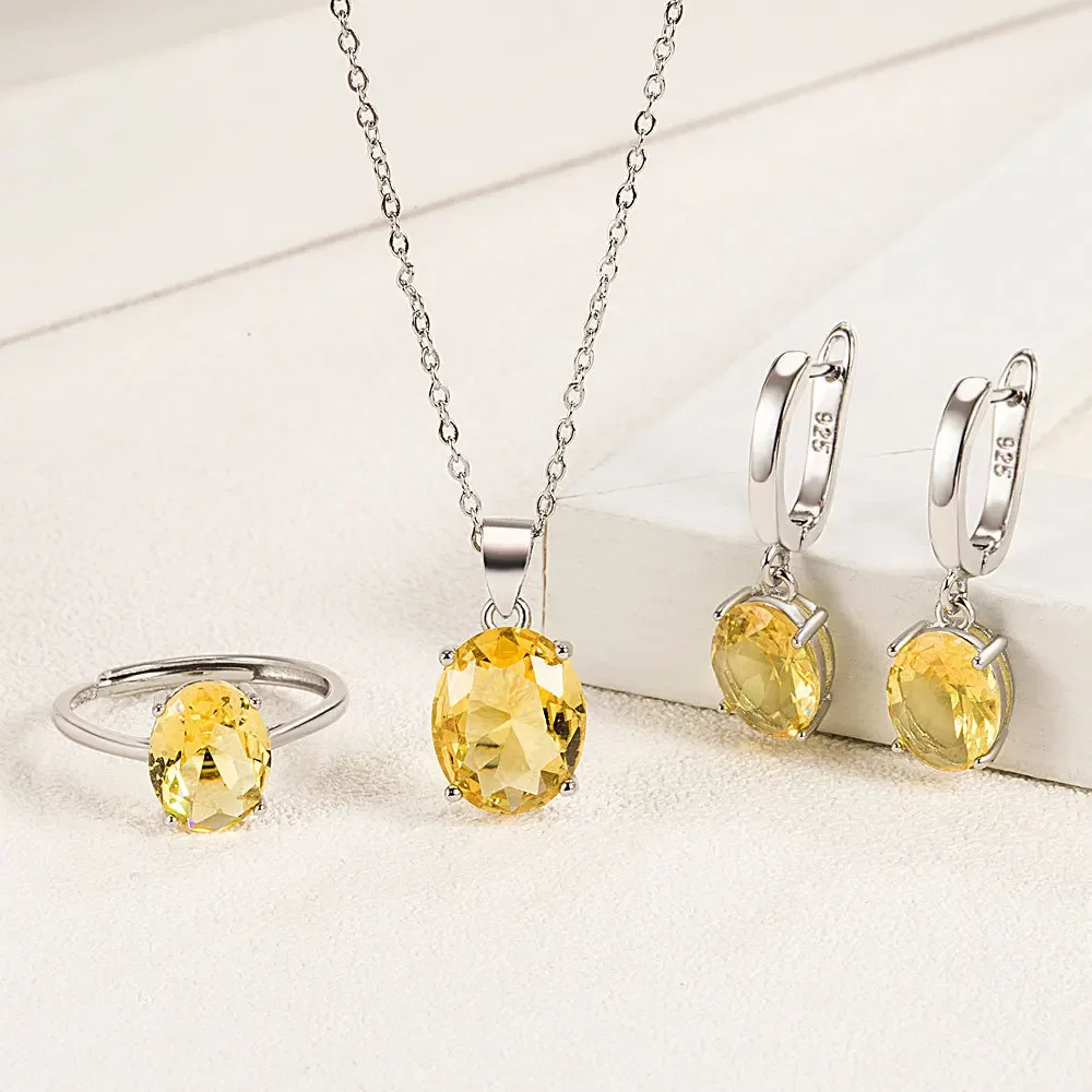s925 Sterling Silver Jewelry Sets For Women Ellipse Zircon Ring Necklace Earrings Luxury Accessories
