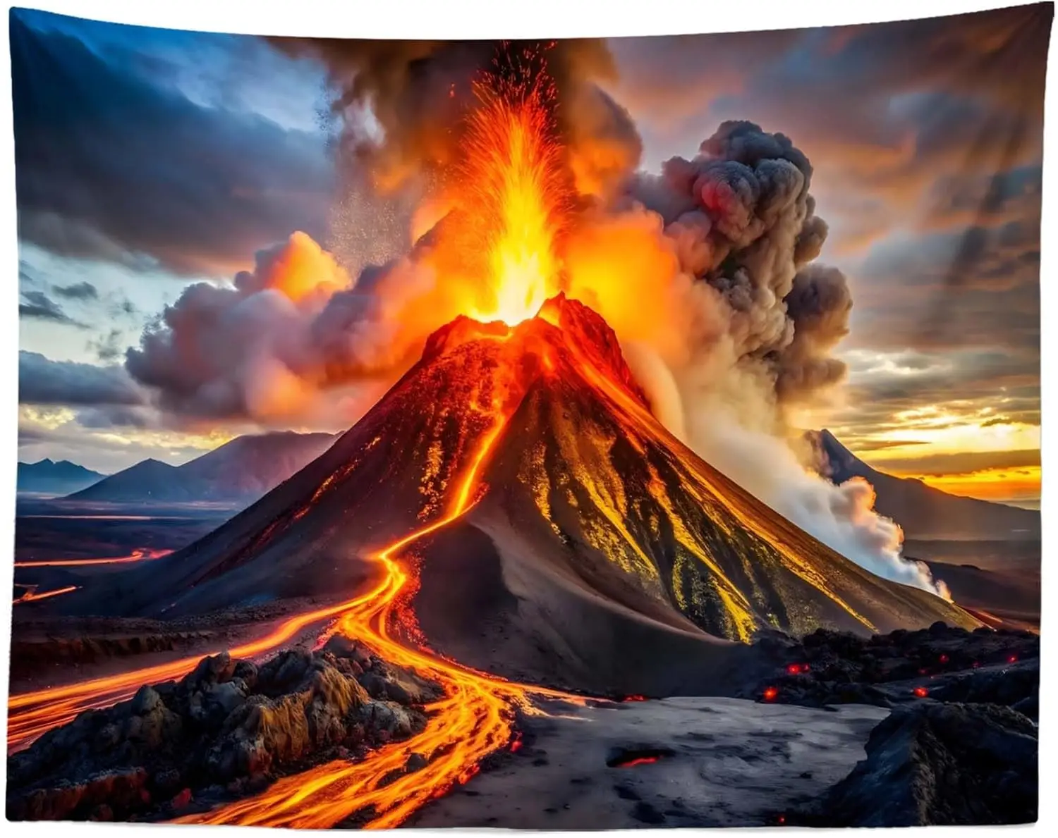 Fiery Volcano Tapestry, Intense Volcanic Eruption with Glowing Lava, Smoke and Dramatic Sunset Sky Print Wall Hanging for Cozy
