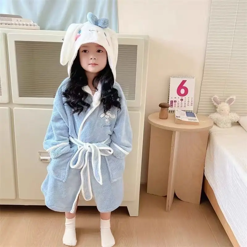 Kuromi Cinnamoroll Anime Kawaii MINISO Ins Coral Velvet Children Bathrobe Pajamas Winter Cute My Melody Quick Drying Cloth Toys