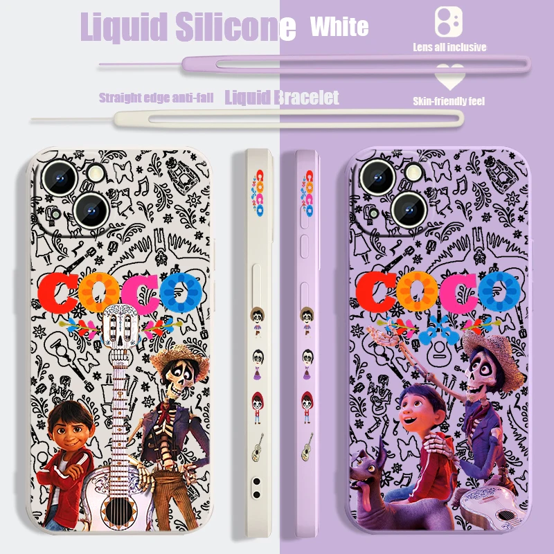 Disney Handsome Coco Liquid Left Rope Phone Case For iPhone 15 14 13 12 11 Pro Max Mini X XR XS 8 7 Plus Silicone Soft Cover