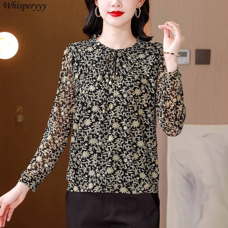 Spring Summer Printing Pullover Blouse for Women Clothing Temperament Long-sleeved Mesh Bottoming Shirt Female Casual O Neck Top