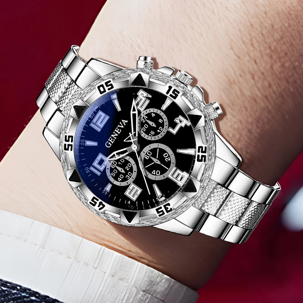 طقم ساعات رجال الأعمال الفضية المكونة من 3 قطع، أزياء فاخرة باللون الأسود بمقياس رقمي كوارتز وسوار وسوار وقلادة، هدية مثالية