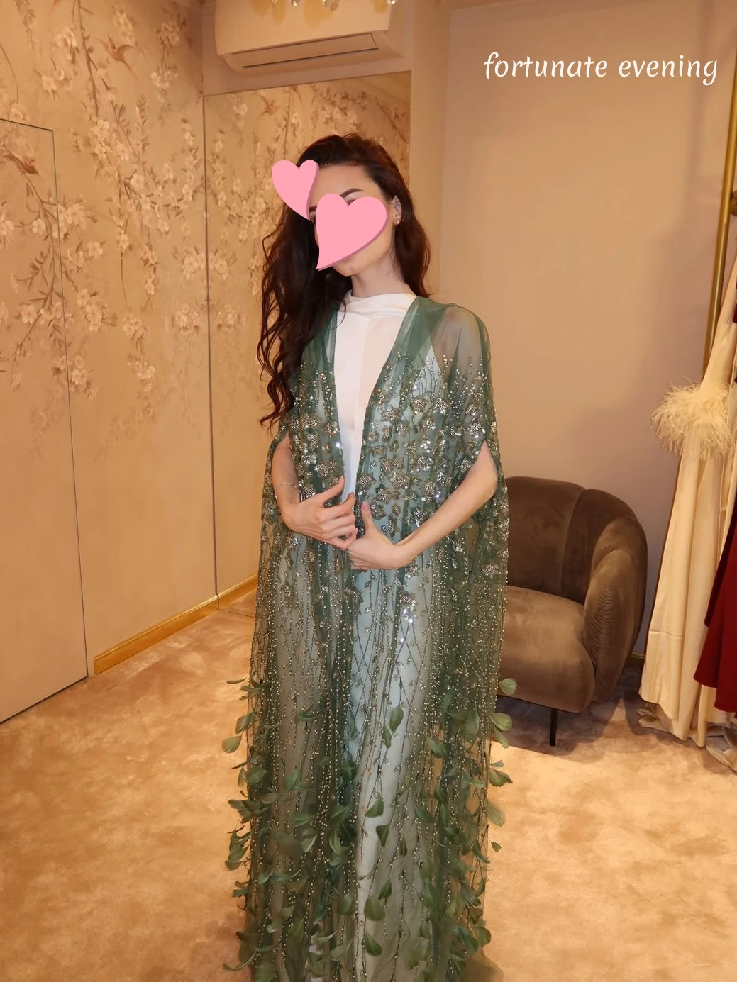 

Fortunate Evening Elegant Vintage Sweet Green Feathers Beads Lace Cape Customized Formal Occasion Prom Dress Evening Party Gowns