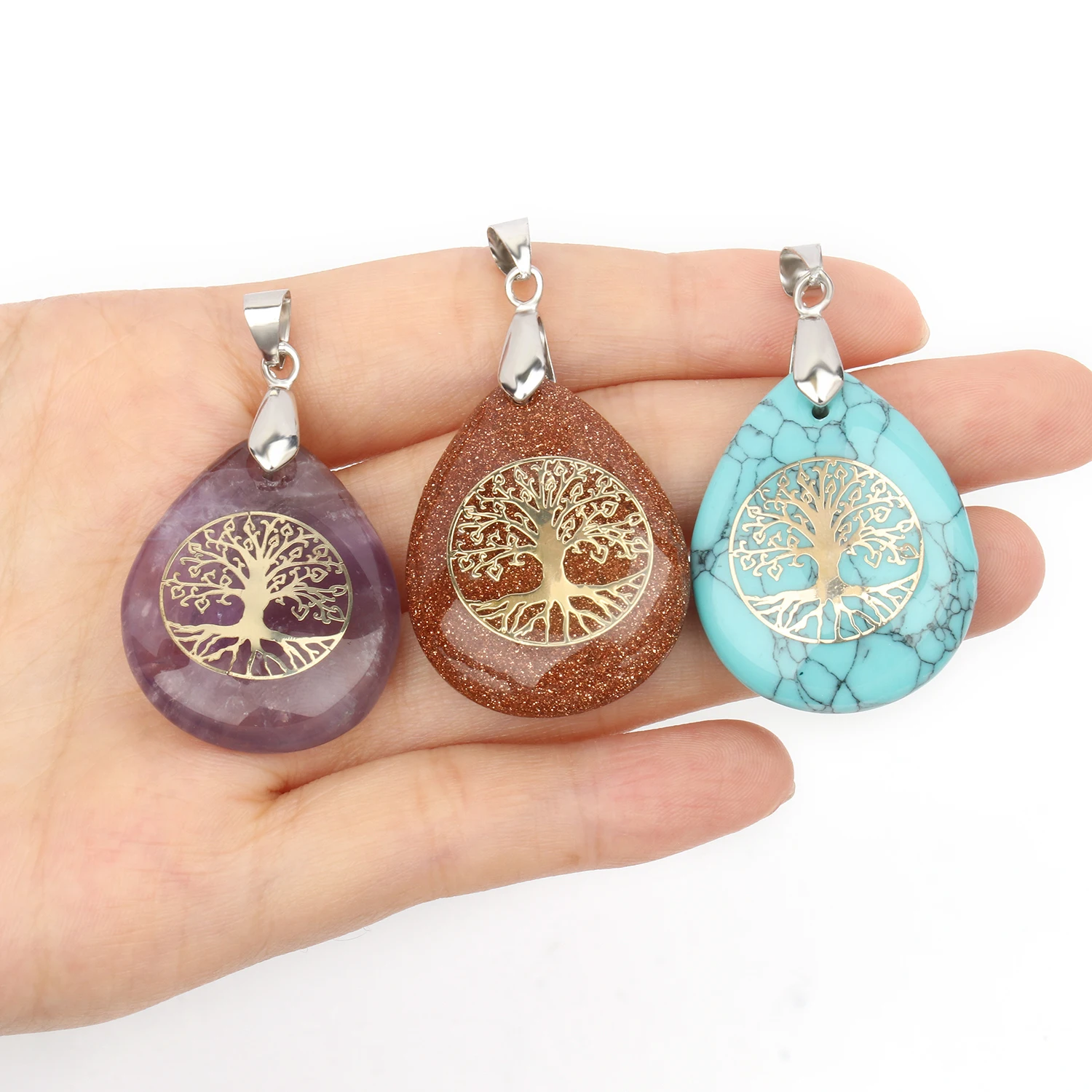 1pcs 48x25mm Natural Stone Amethyst Patch Tree Water Drop Shape Pendant For Jewelry Making DIY Necklaces Party Gift Accessories