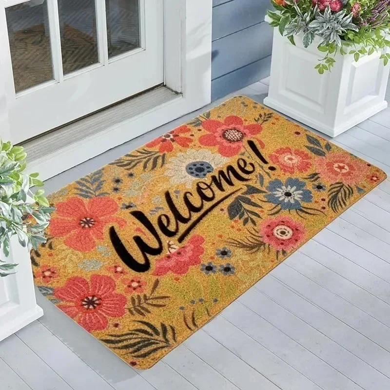 Floral Welcome Doormat Super Absorbent Carpet Front Door Indoor Non-Slip Mat Sunshine Flower Print Rug for Bathroom Home Decor