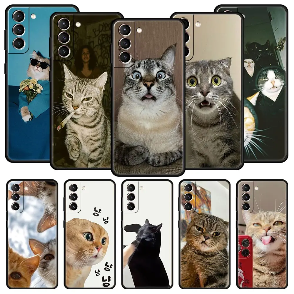 Phone Case For Samsung Galaxy S26 S25 FE S24 S23 S22 S21 Ultra S20 5G S10E Plus Protect Cover Funny Cartoon Korean Cat Couple