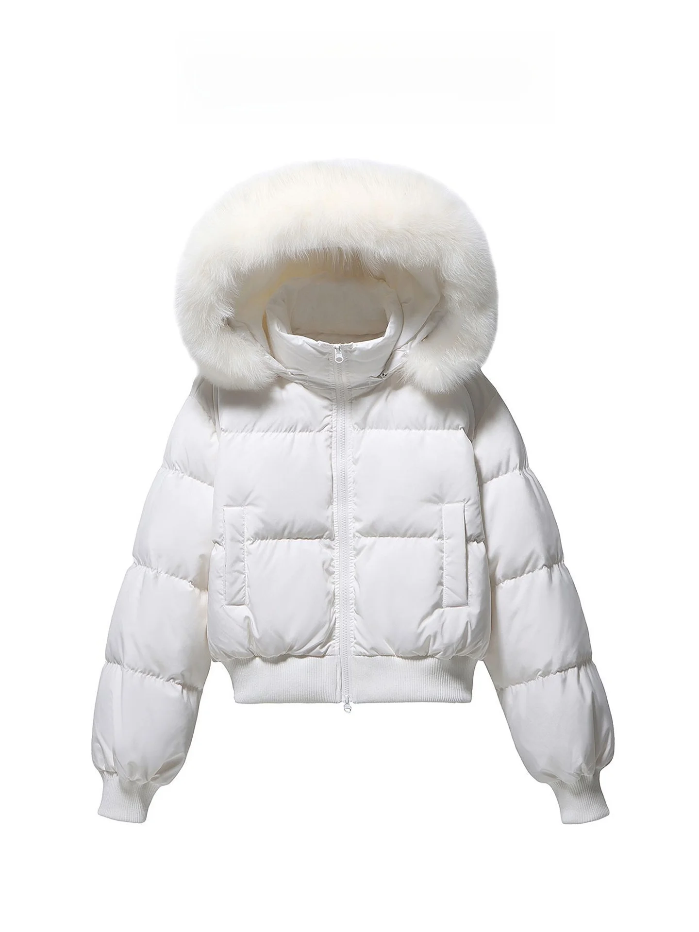 

White Thickened Winter Puffer Jacket with Hoodie Waist-Cinching Short Cotton Coat for Women Warm Stylish Korean Style