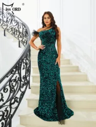 Missord Green Sequin Prom Dress Elegant Women One Shoulder Sleeveless Split Bodycon Maxi Mermaid Party Evening Dresses Long Gown