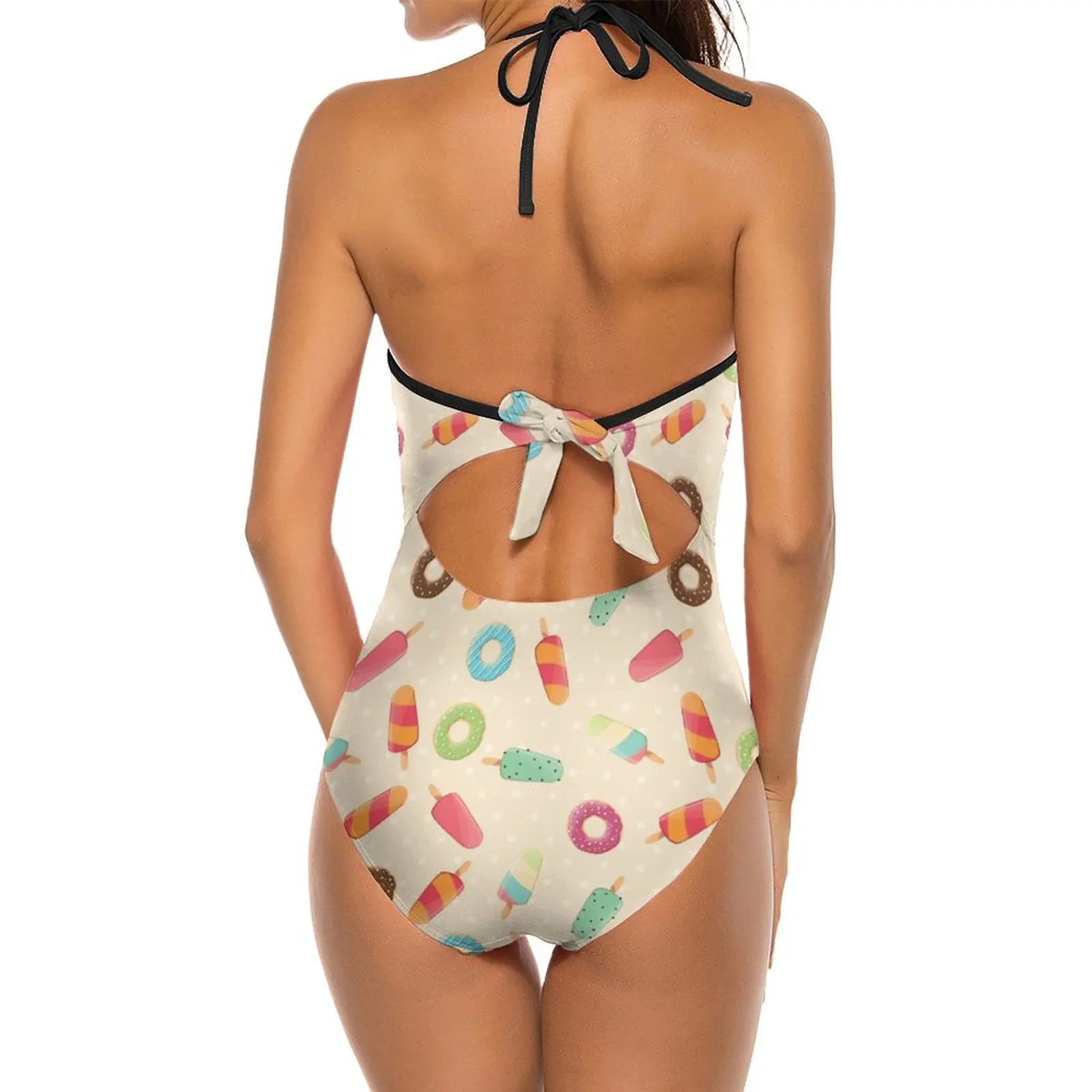 Ice Cream And Donuts 001 One Piece Swimsuit Black Mesh Swimwear Sexy Classic Backless Bodysuit Advertising Bake Bakery Blue