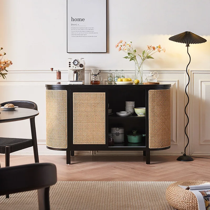 rattan dining side cabinet, wabi-sabi wind household solid wood dining side cabinet, simple double-layer log porch cabinet