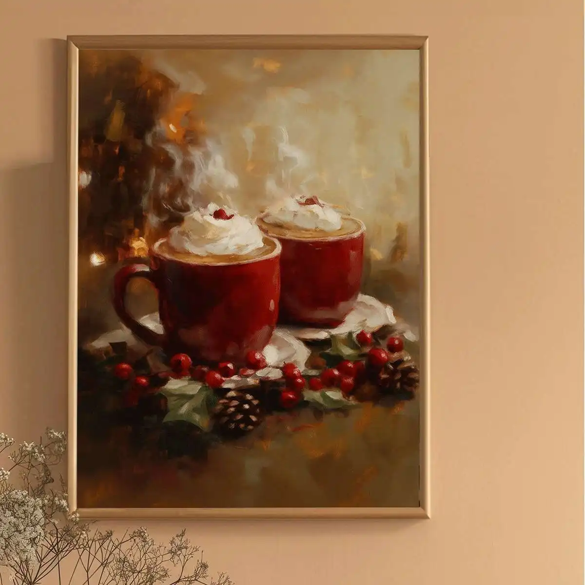 2D Flat, 2D Flat, 1pc 2D Flat Prints Featuring Cocoa Cup Artwork in an Oil Painting Style, Designed for Wall Decoration. Thes