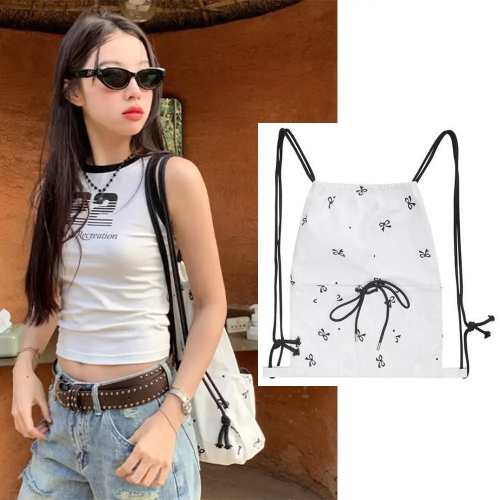 

Korean Style Bow Drawstring Backpack Large Capacity White Light Weight Shoulders Bag Sweet Travel Student School Bag Women