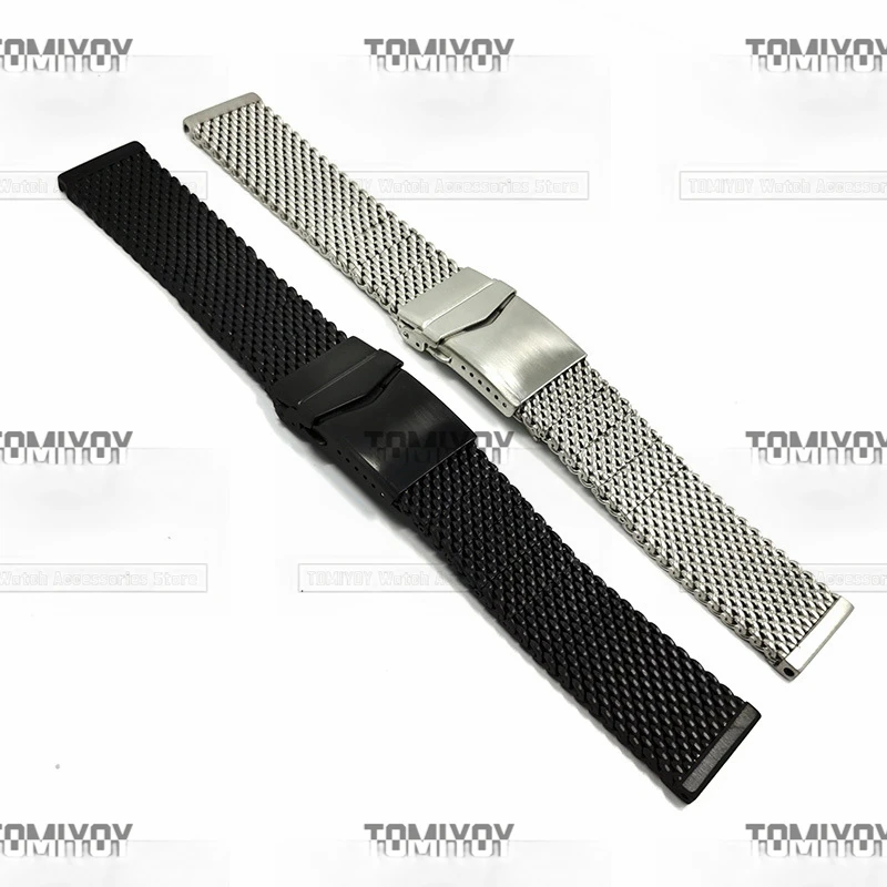 

20 22 24MM Silver Black Quick Detachable Adjustable Length Mesh Folding Clasp Solid Stainless Steel Watch Strap