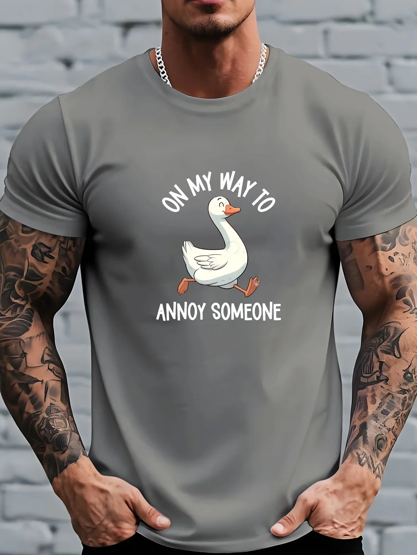 Funny Cartoon Goose Graphic T Shirt for Men On My Way To Annoy Someone Humorous Quote Letter Print Short Sleeve T-shirt Tops