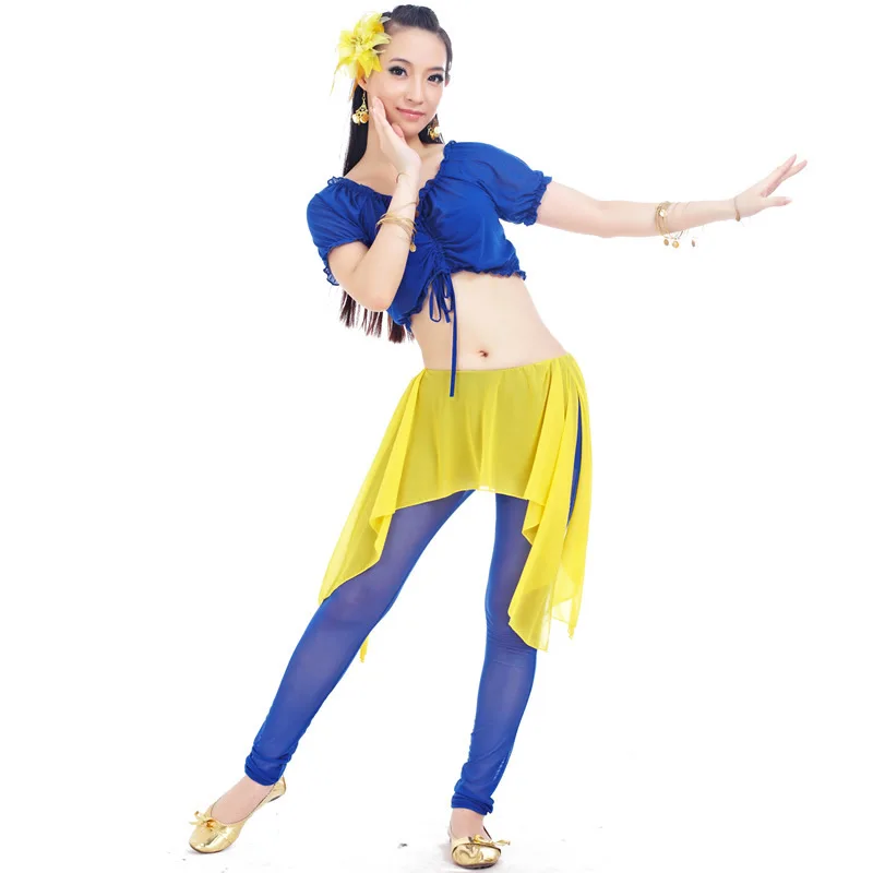 

Belly Dance Costume Wrinkled Short Sleeve Top Transparent Waist Skirt Leggings Suit Oriental Dance Wear for Women Practice Suits