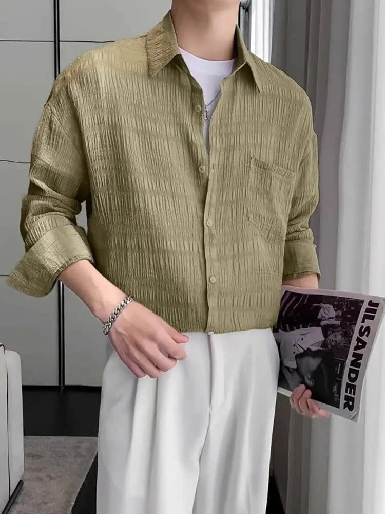 

Мужская рубашка Ele Briti Sle Long Sve с драпировкой, свободного кроя, в неополитанском стиле, модная, однотонная, с воротником-стойкой, для ношения под пиджак.