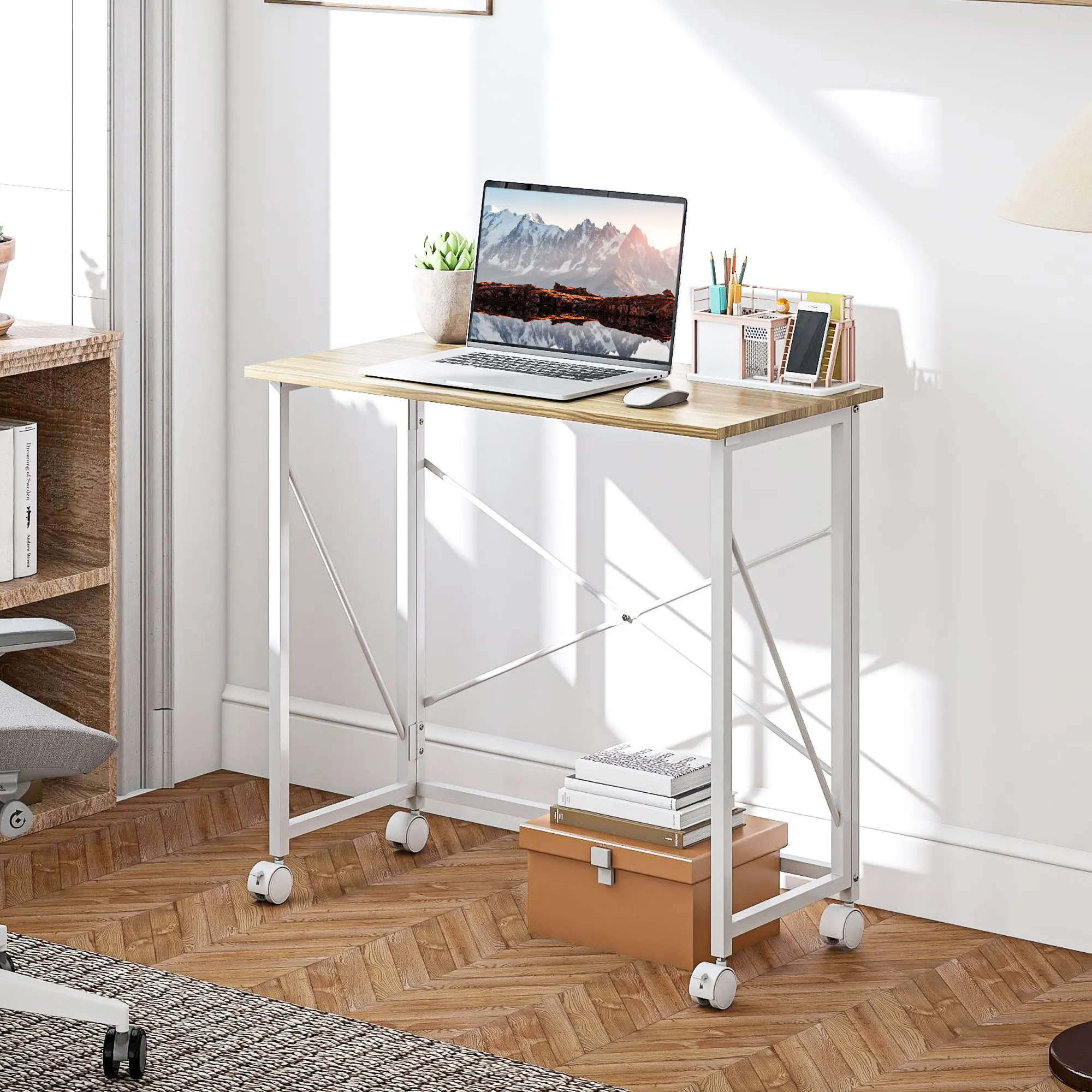 HOMCOM Folding Desk on Wheels Writing Table for Home Office Natural
