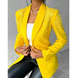 Autumn Women Beaded Nothched Collar Blazer Coat Fashion Femme Fall Long Sleeve Jacket Elegant Office Lady Work Wear Suits Outfit