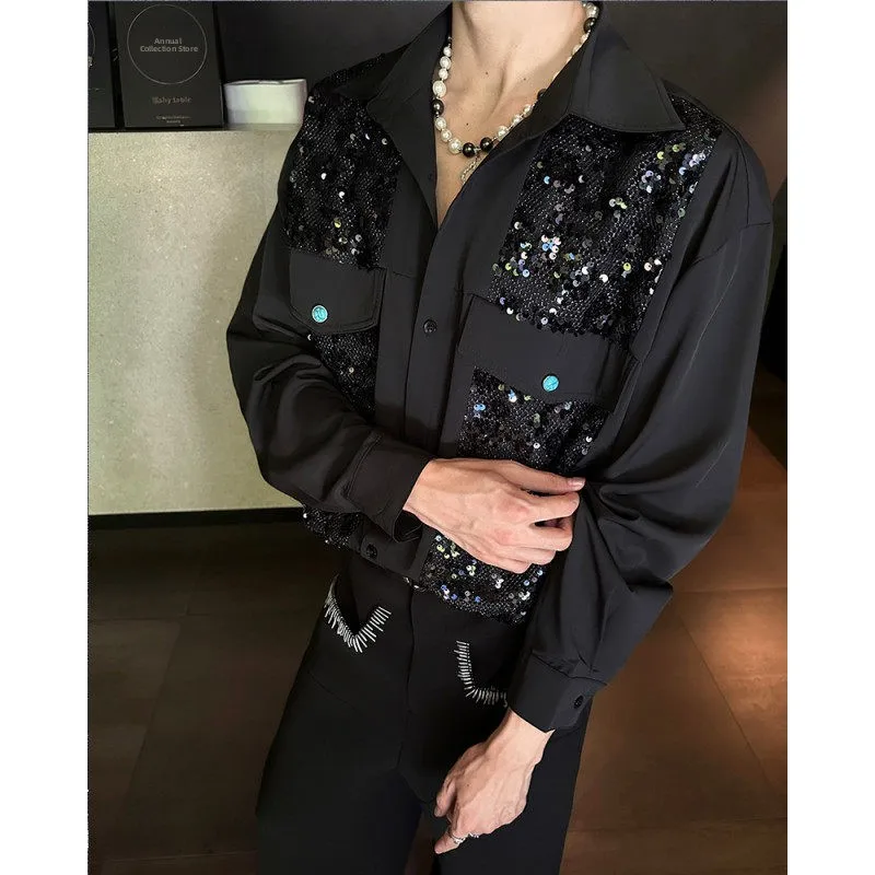 

Faionable Urban Men's Long Sve irt Sequin Embroidery Patchwork Performance Stage Wear Breathable Stand Fit Polyester
