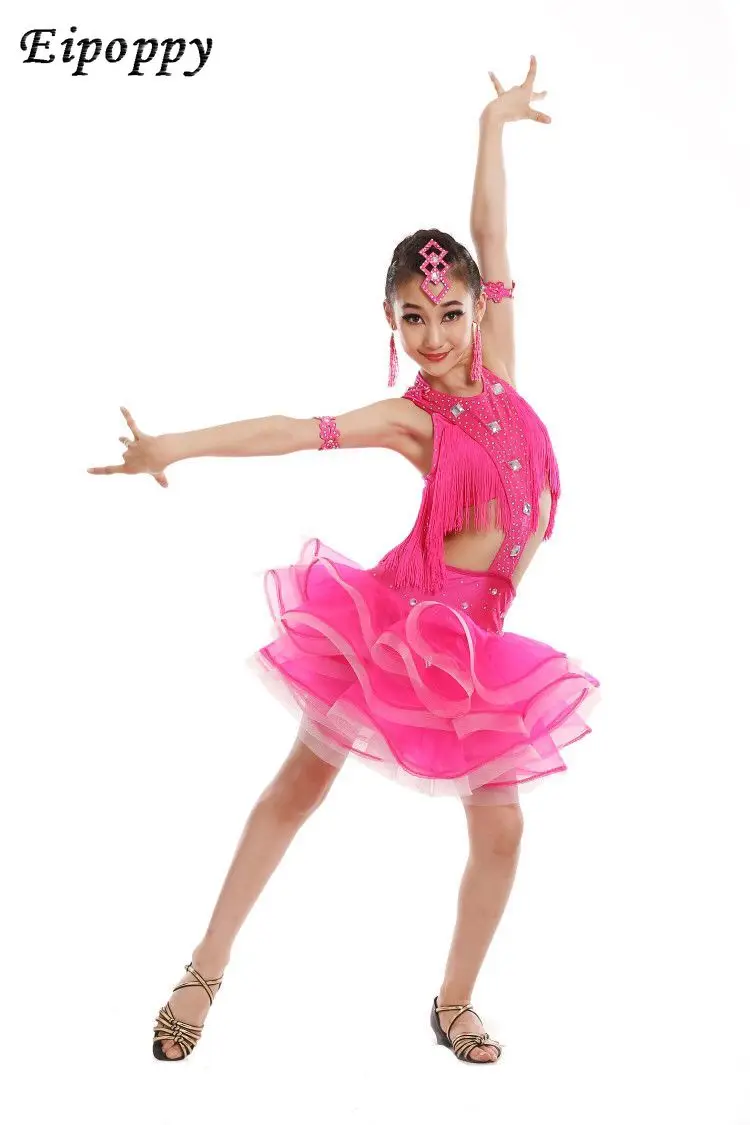 กระโปรงเต้นรำละตินสำหรับเด็กผู้หญิงเสื้อผ้าสำหรับออกกำลังกายชุดเชียร์ลีดเดอร์แข่งขัน