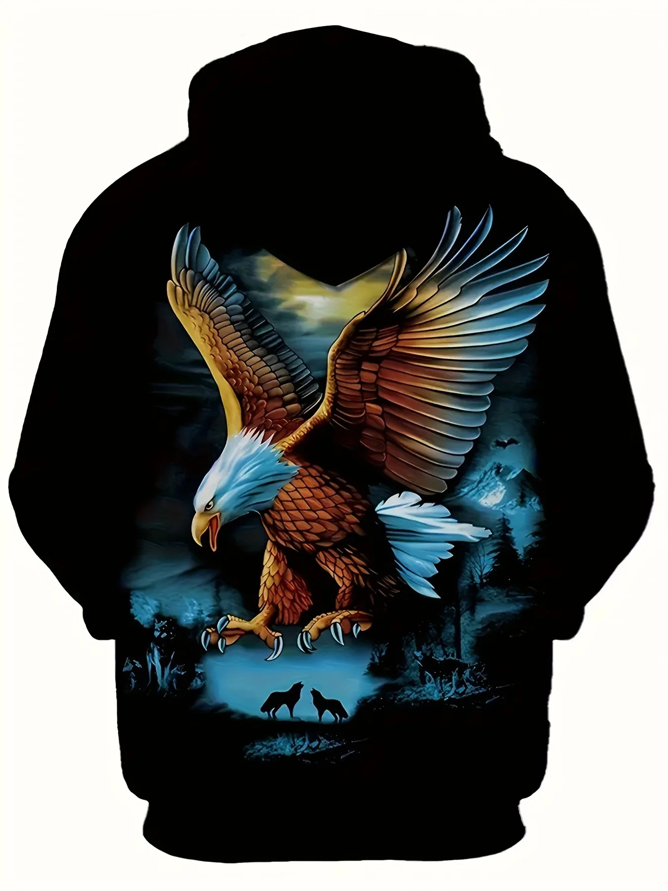 Men Bald Eagle Wolf Forest Mountain Night Landscape All Over Print Hoodie Wild Animal Graphic Drawstring Pocket Sweatshirt