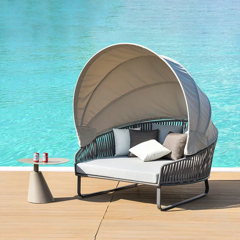 Outdoor recliner with canopy waterproof sunscreen outdoor round bed beach rattan bed villa round