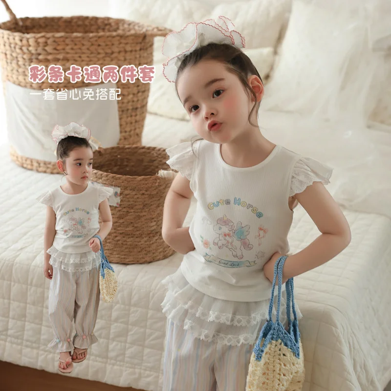 

Large and small rolls26Summer girls' lace flutter sleeve top and bloomers pants two-piece set cute girl's clothing