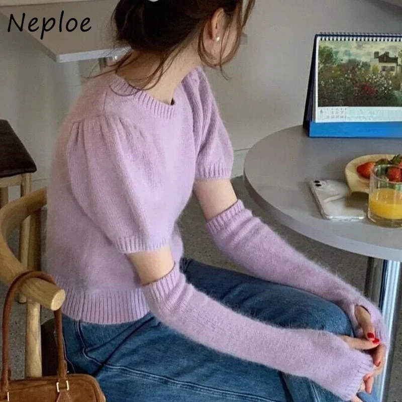 Neploe Korean Office Lady Elegant Simple All-match Knitted O Neck Short Sleeve Pullover Solid Color Design Sense Sweater with