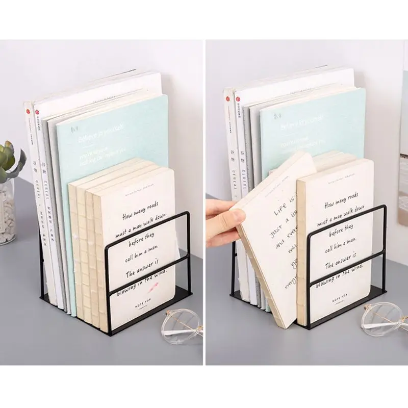 1 คู่ Wrought Iron Bookends สนับสนุนหนังสือ Simple Desktop Office นิตยสาร ชั้นวางของผู้ถือ