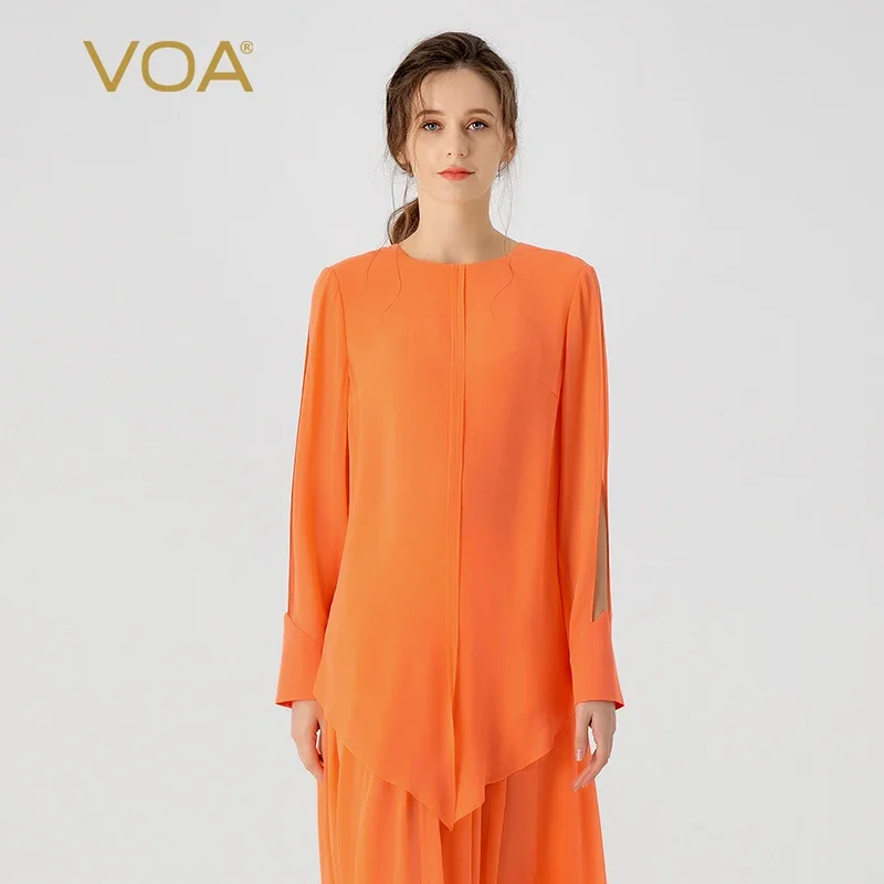(Fans Exclusive Discount) VOA Orange Silk O-neck Long Sleeve Tops Womens Loose Leaf Pointed Hem Sweet Fashion T-shirt BE1319
