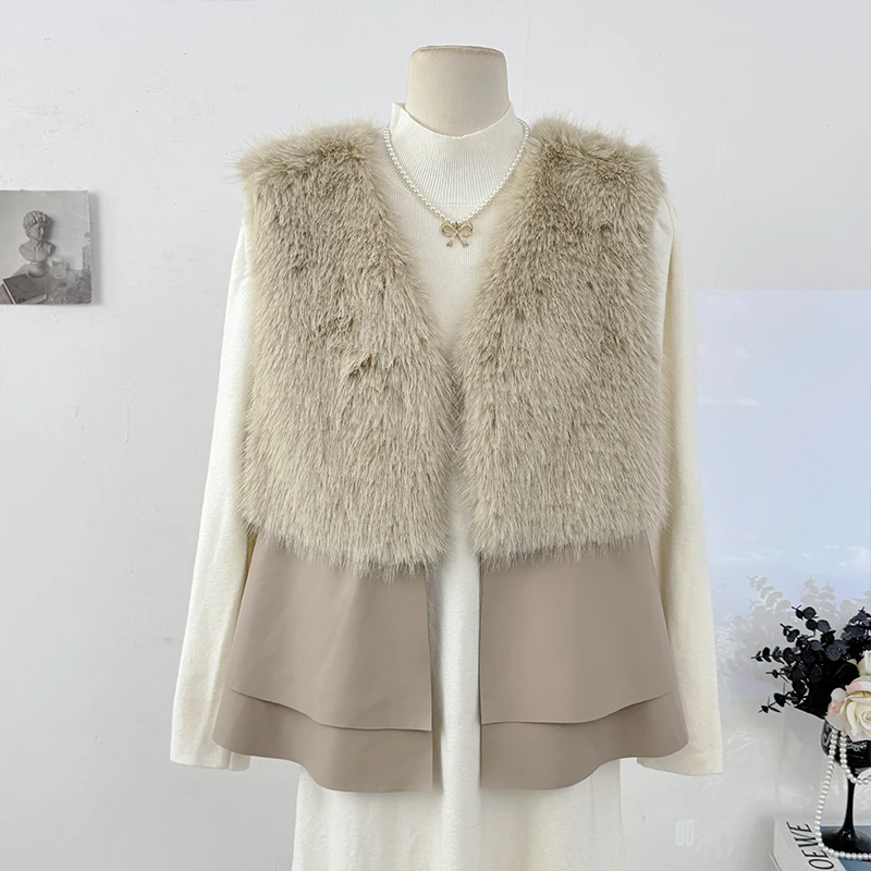 Temperament Plush Splicing V-neck Vest Women's Autumn 2025 Fashion Loose Versatile WaistCoat