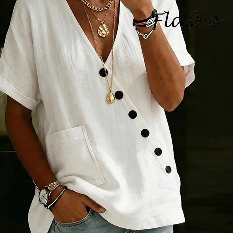 

New Summer Casual Women V Neck Button Shirt Women Fashion Solid Color Loose Blouse Women New Elegant Pocket Oversized Shirts