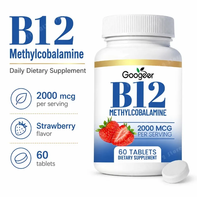 Googeer Vitamin B12 Metilcobalamina en Tabletas 2000mcg, Suplemento Sublingual Sabor Fresa, Apoyo Nutricional Diario, 60 Unidades