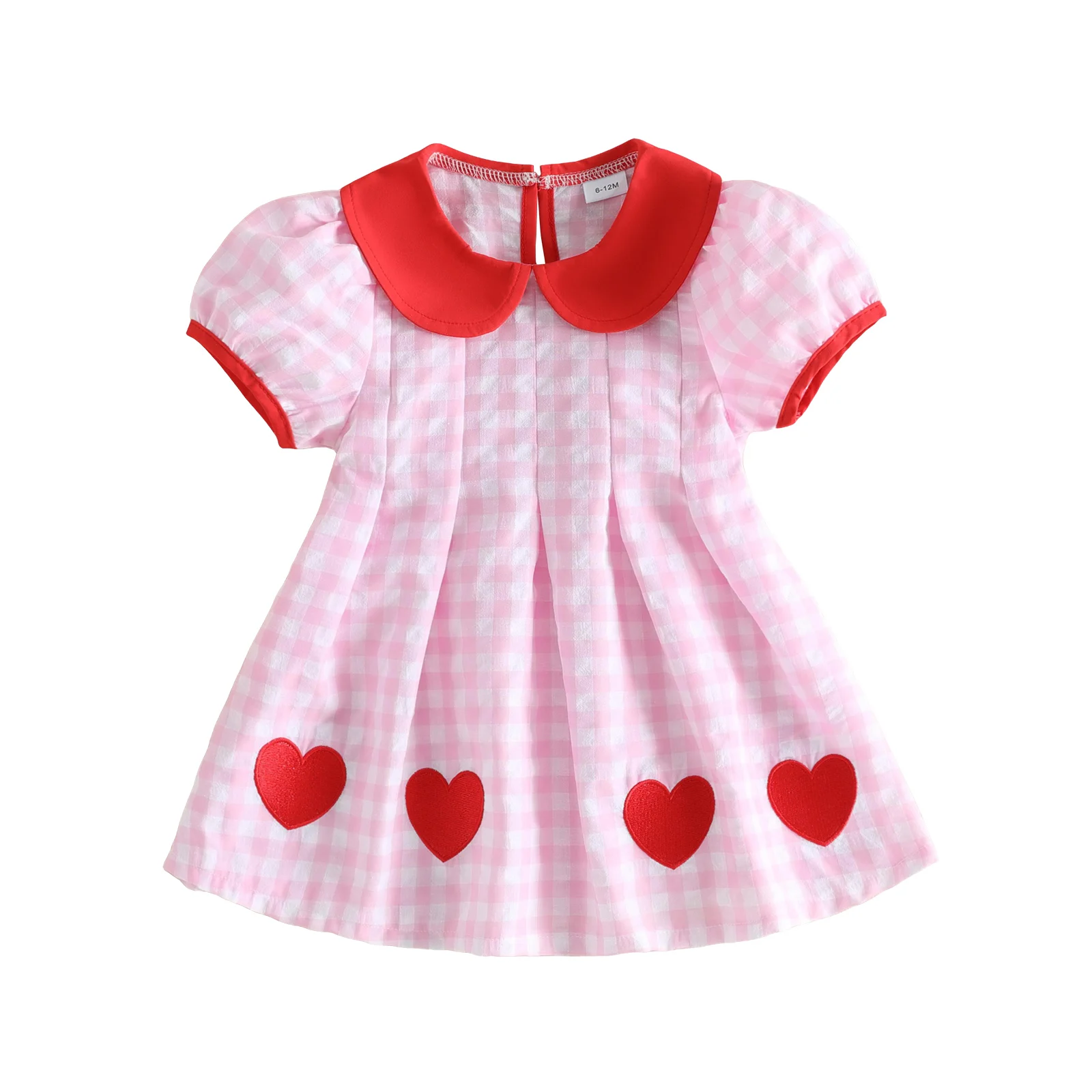Girl Valentines Day Dress Short Sleeve Doll Collar Heart Plaid Summer Dress