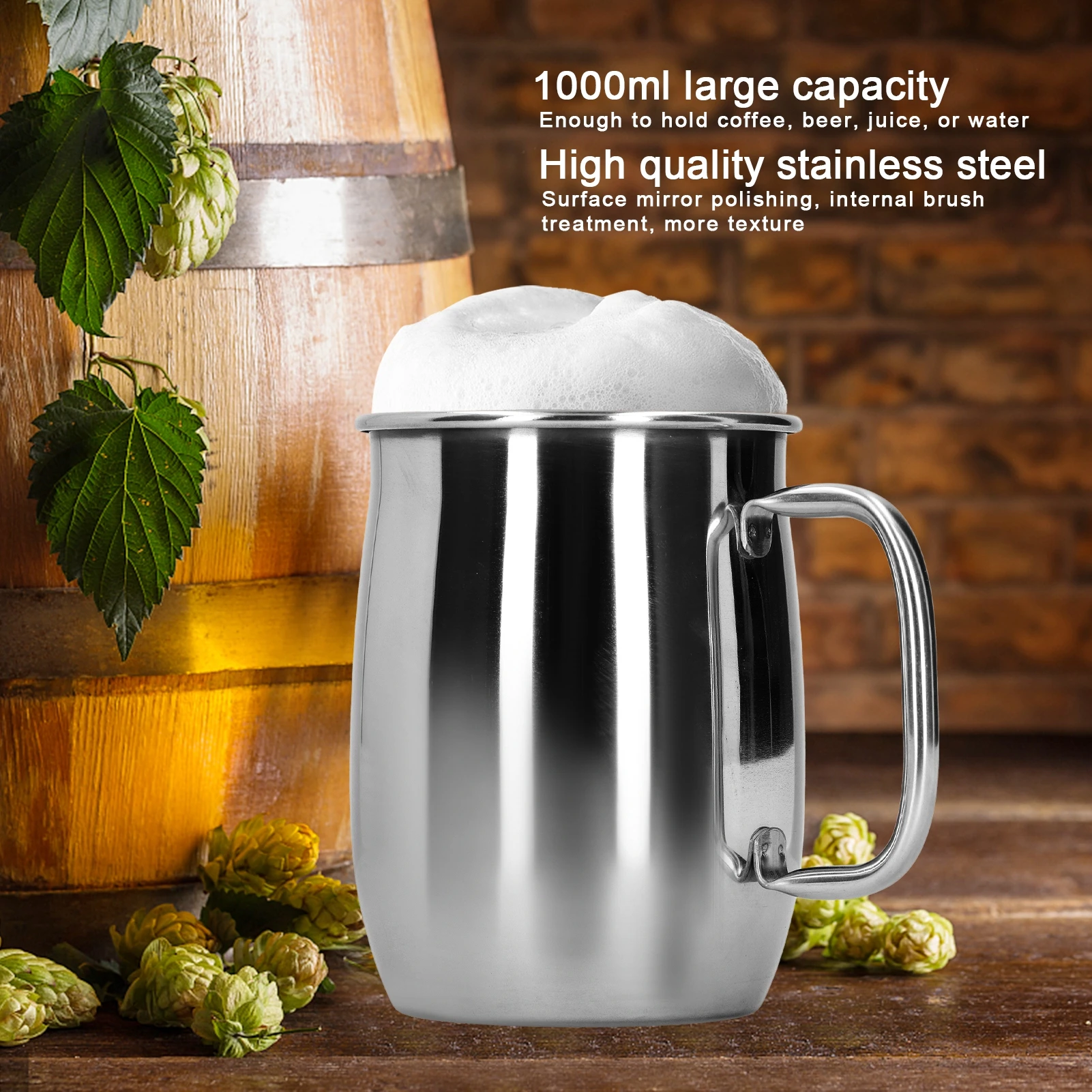 1000ml Beer Mug Large Capacity 304 Stainless Steel Big Mug Beer Cup Rustproof Durable Drinkware for Bar Pub Home Party Kitchen