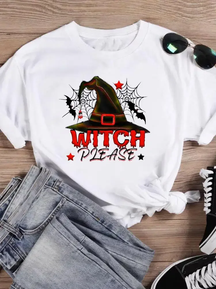 Graphic Tee Witch Space Trend T-shirts Print Top Halloween Thanksgiving Festival Women Female Fall Autumn Clothing Short Sleeve